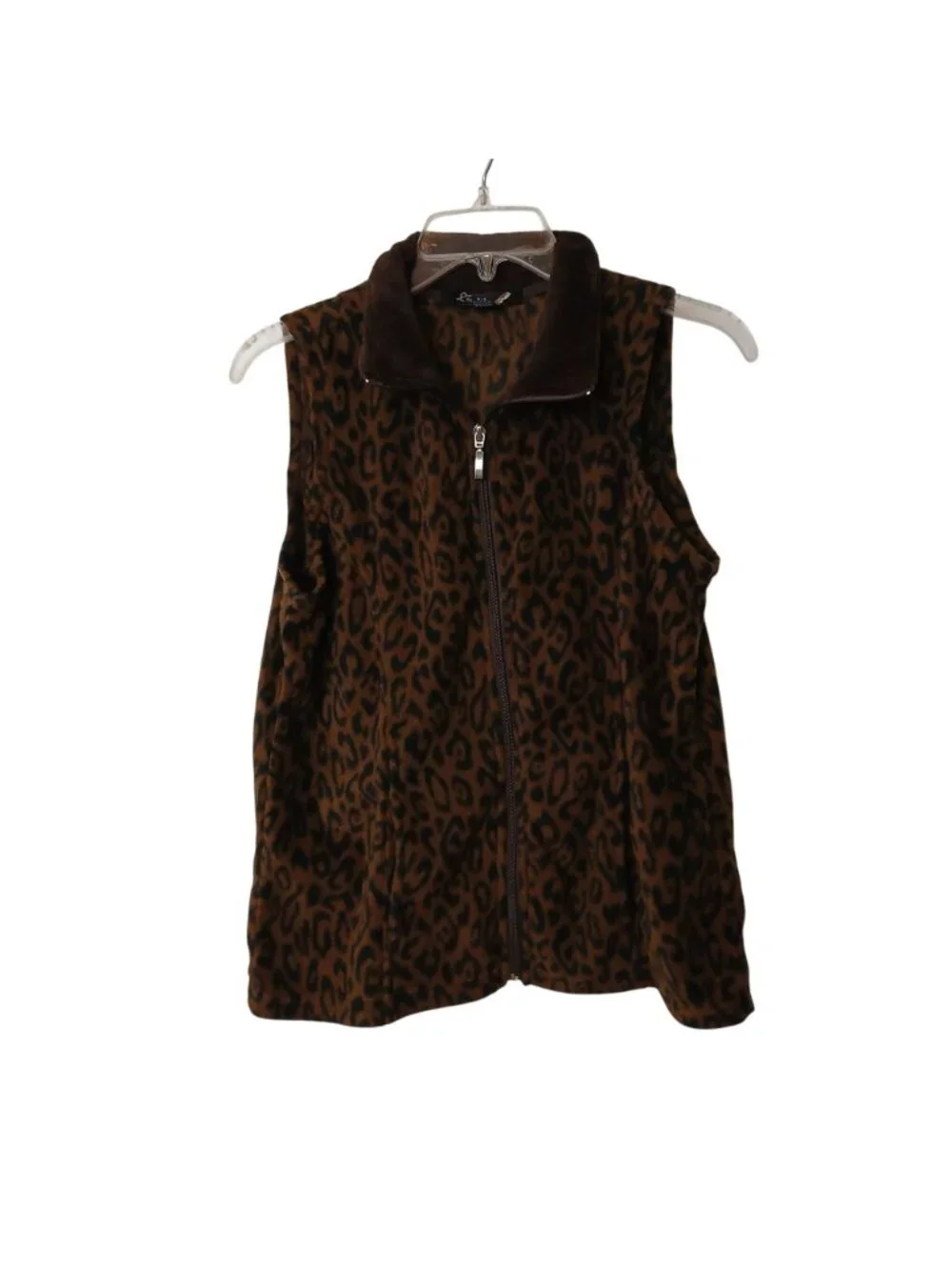 Lena Petite S Womens Leopard Print Sleeveless Fleece Vest Zip Brown Black #I-8 - Picture 2 of 8